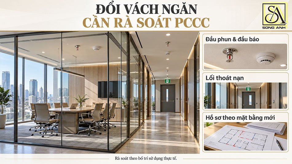 các điểm rà soát PCCC khi đổi vách ngăn: đầu phun, đầu báo, lối thoát nạn và hồ sơ.